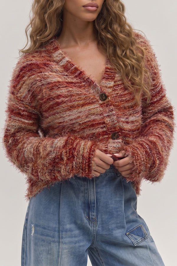 Tawny Fuzzy Striped Button Front Cardigan Sweater femme