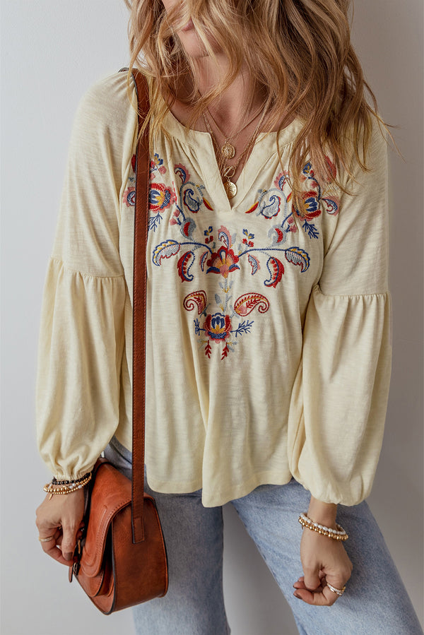 Blouse femme broderie florale, col V — abricot