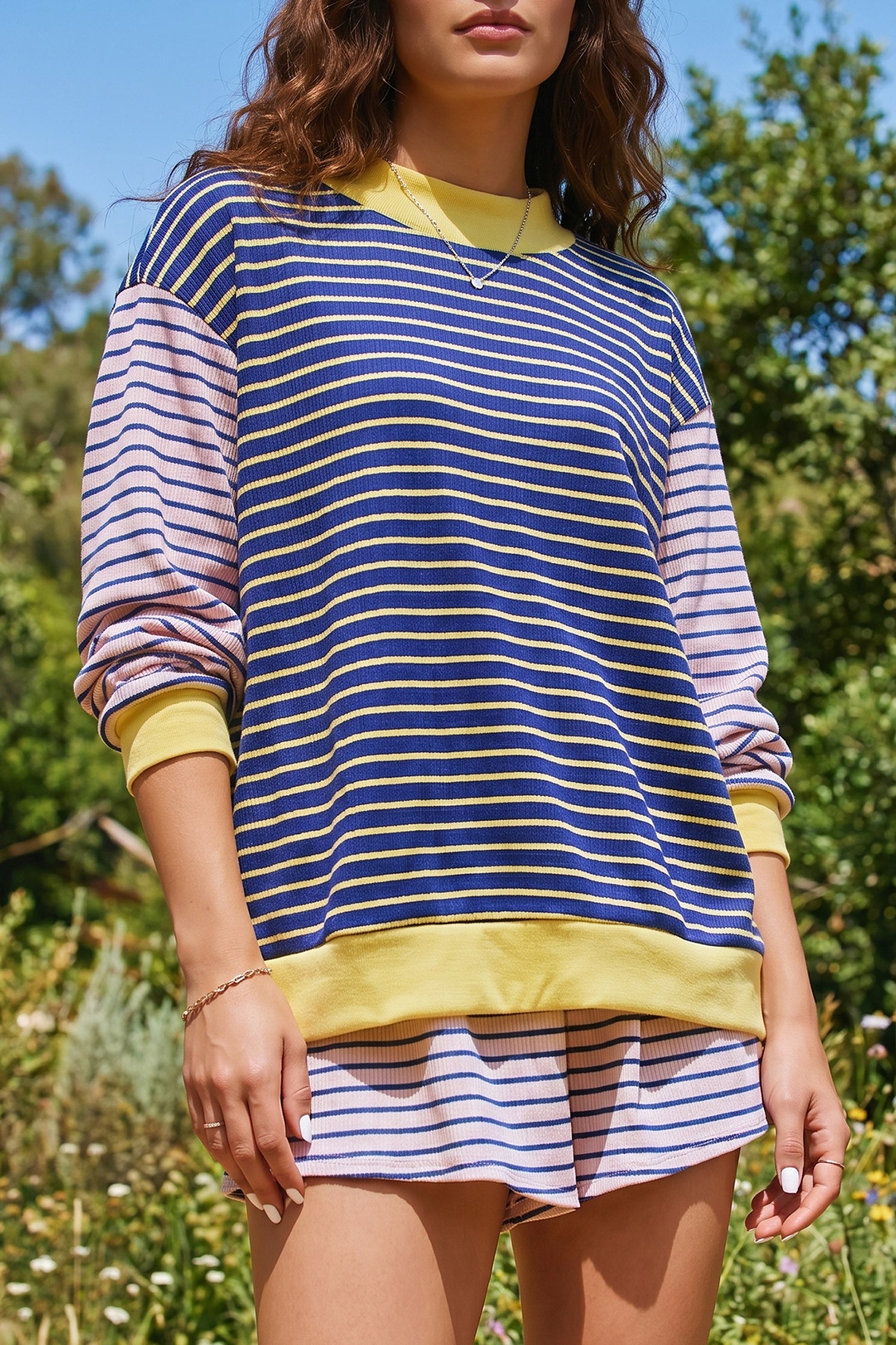 Blue Stripe Contrast Long Sleeve Crew Neck Pullover Top