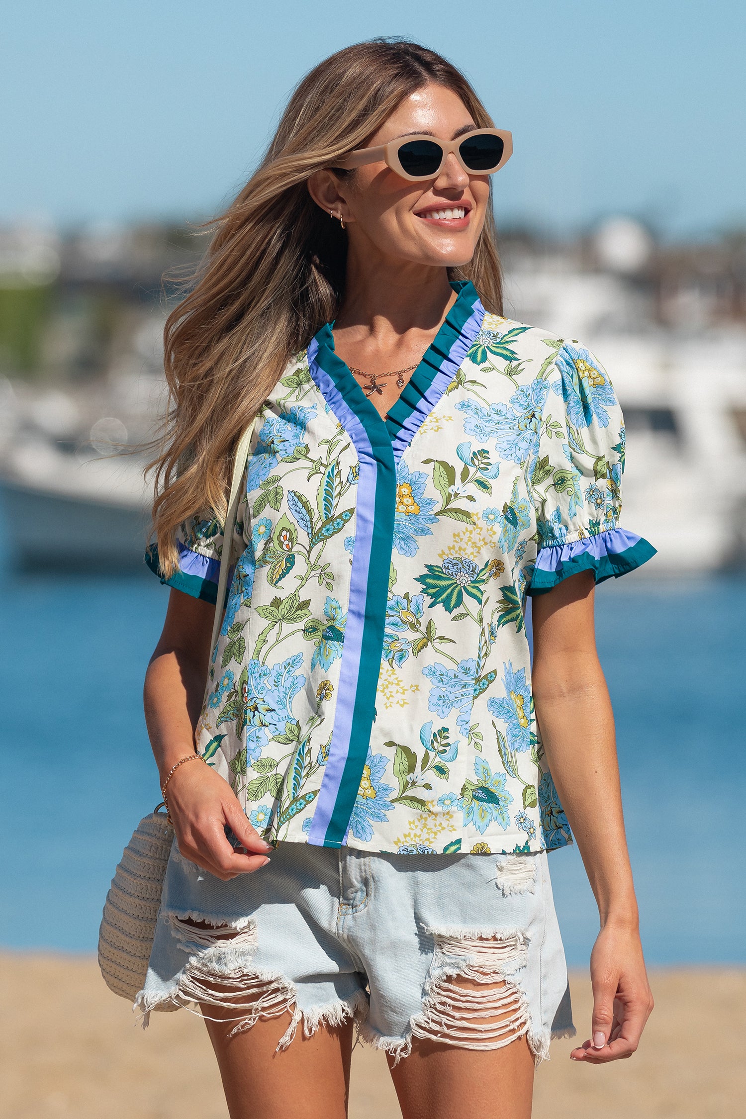 Blouse femme floral, rayé, manches courtes — beige