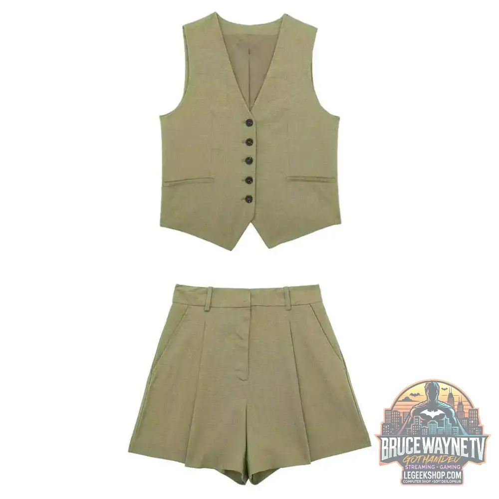 👗 Ensemble deux pièces femme – Gilet sans manches & short à poches - Legeekshop
