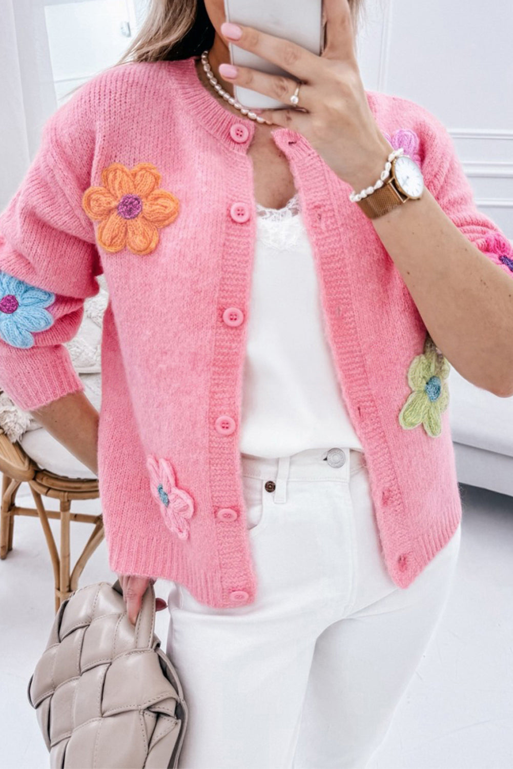 Pink Cute Knitted Floral Pattern Button Up Cardigan femme