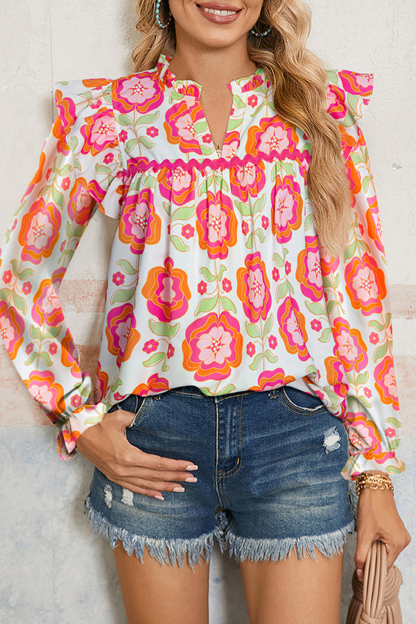 Blouse femme floral, à volants, manches longues