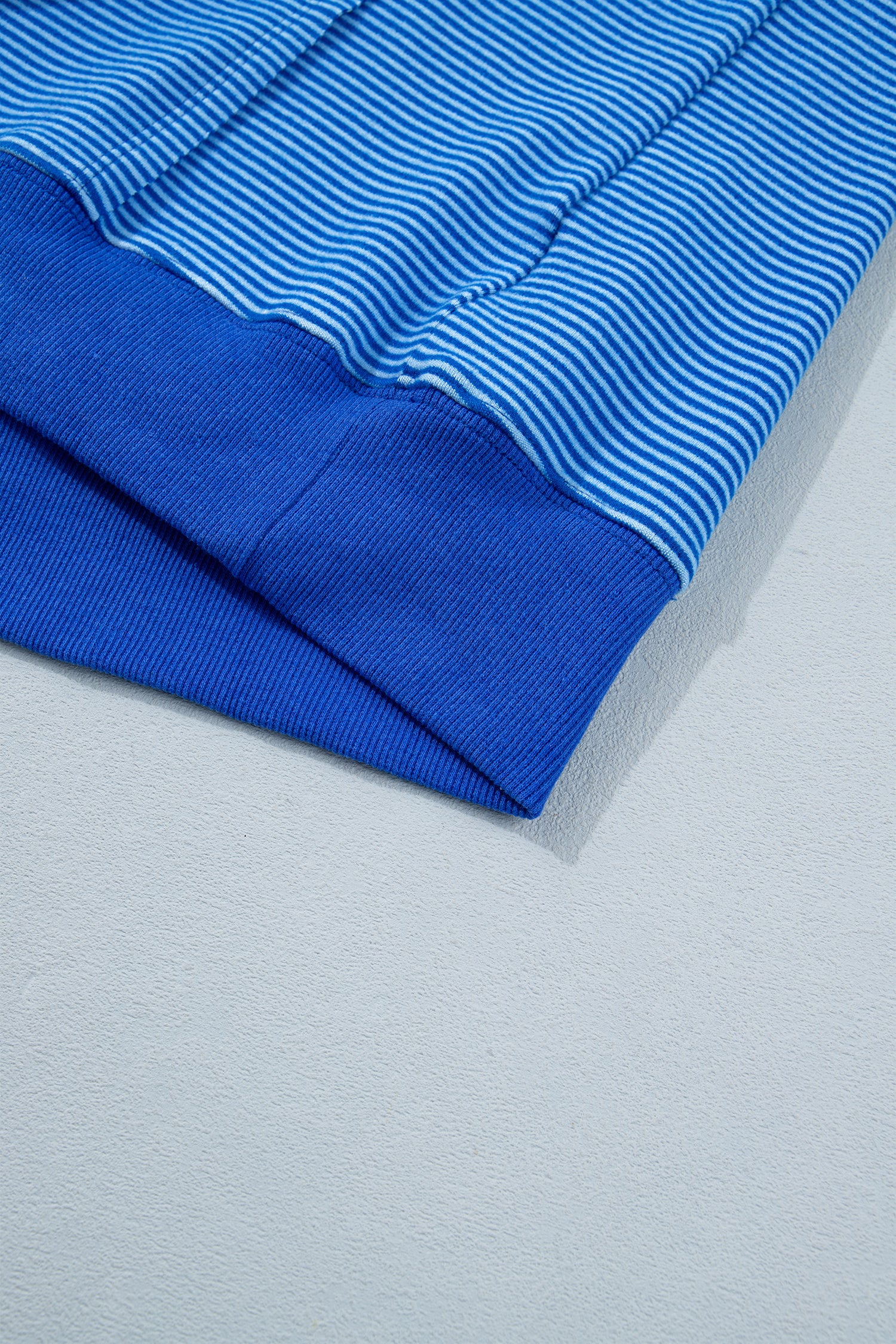 Blue Stripe Ribbed Cuffs Hem Long Sleeve Pullover Top