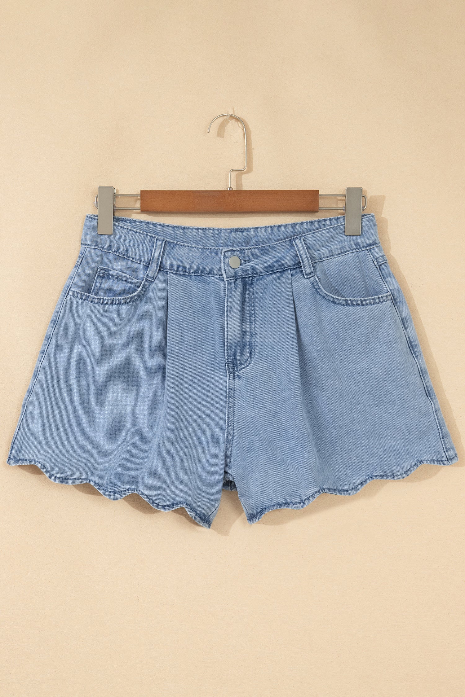 Myosotis Solid Color Scalloped Trim Casual Denim Shorts