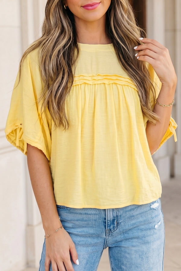 Yellow Cream Tie Half Sleeve Pleated Detail Babydoll Blouse