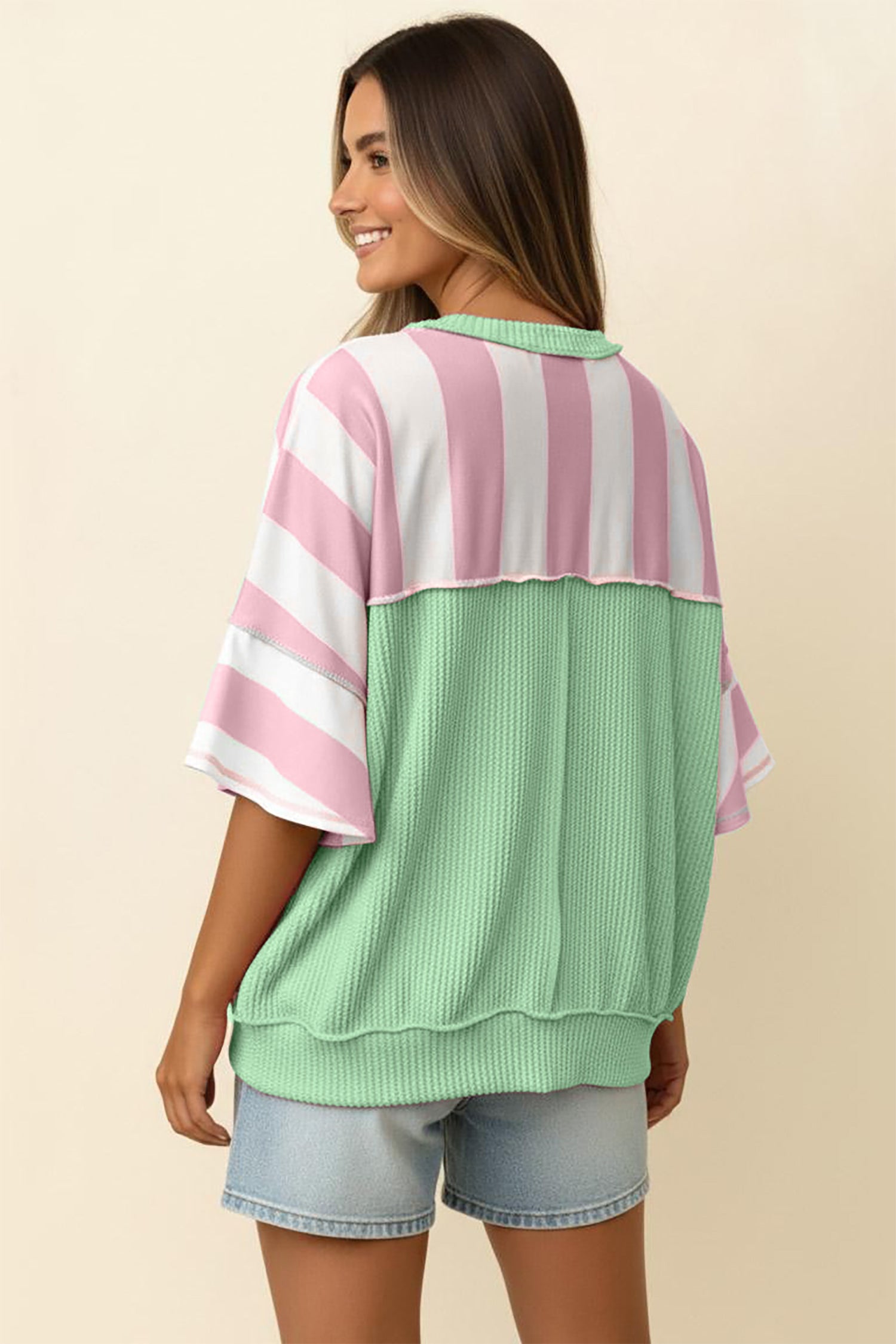 Pink Stripe Exposed Seam Ribbed Patchwork Oversized Tee