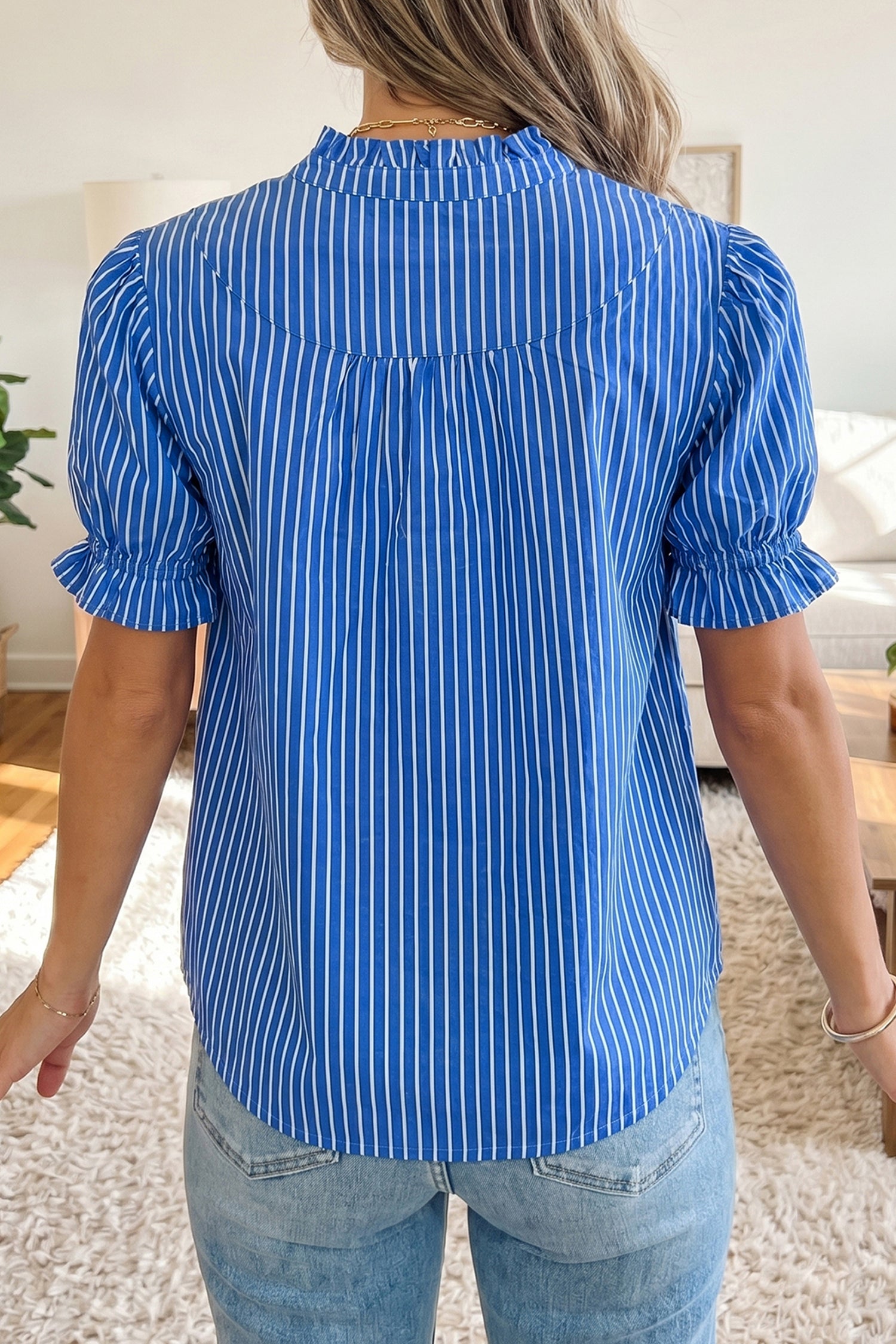 Blue Stripe Ruffled Short Puff Sleeve Button Front Blouse