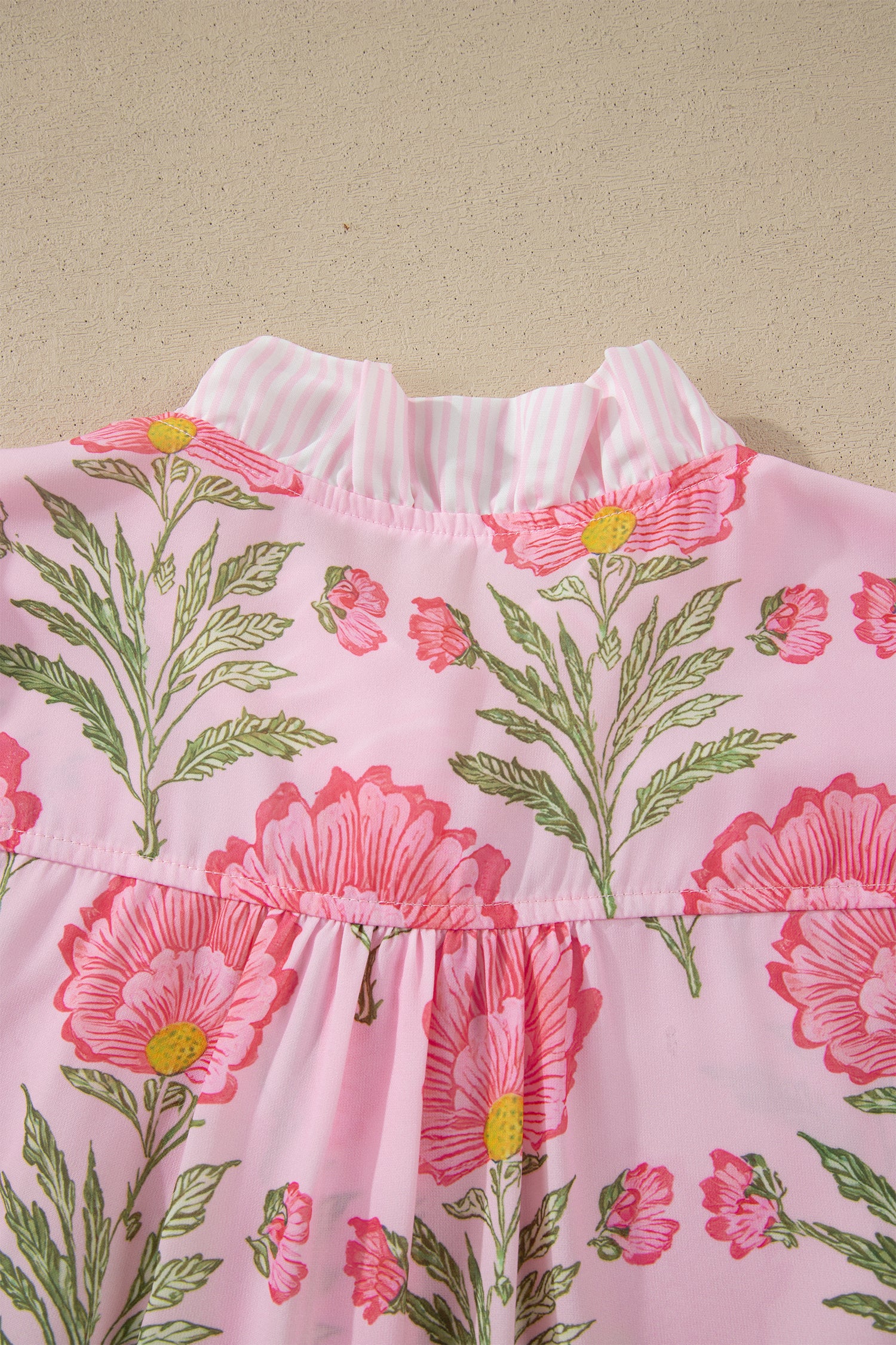 Pink Sweet Blooms Ruffle Striped Trim Puff Sleeve Shirt