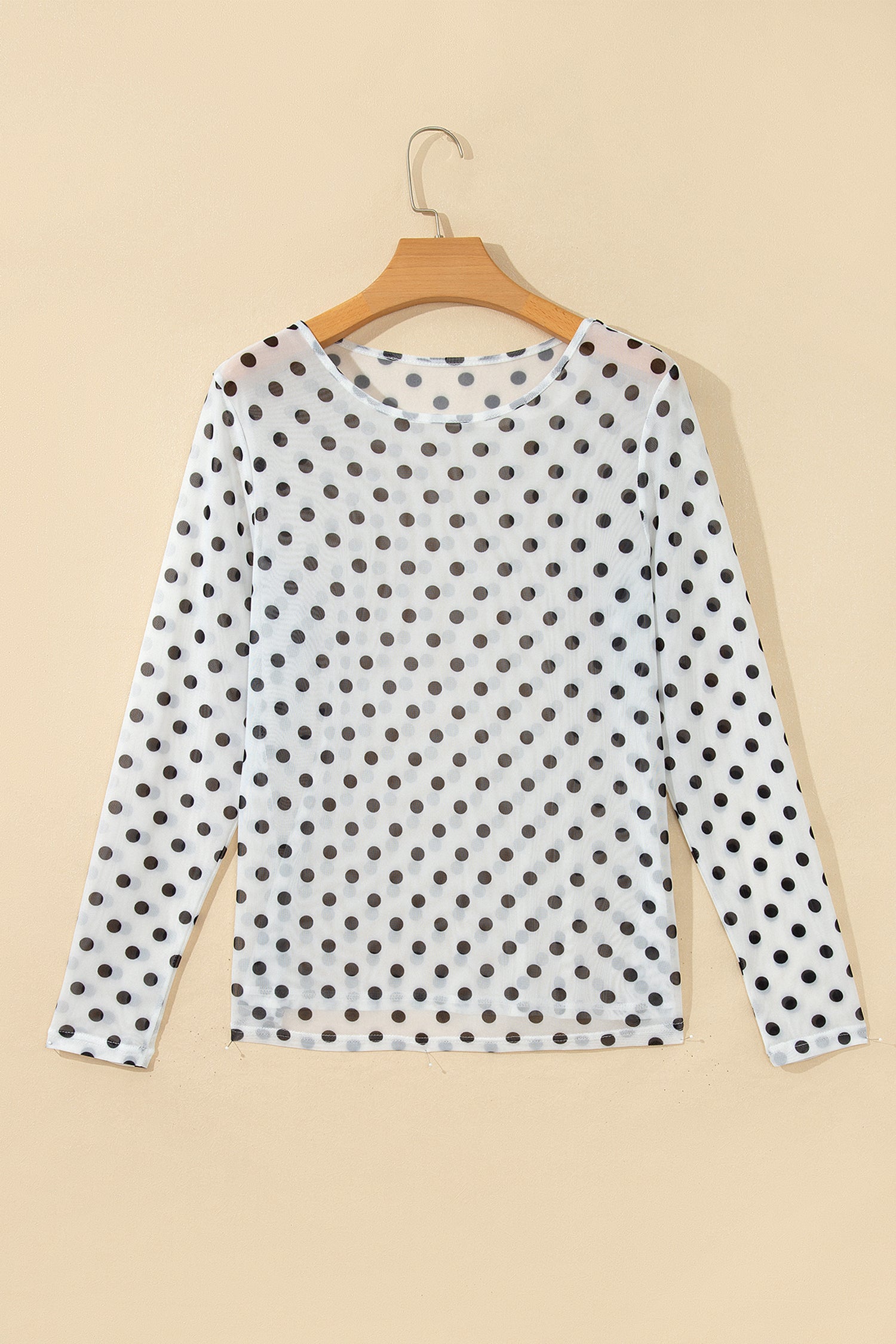Black Polka Dot Sheer Mesh Long Sleeve Round Neck Shift Top