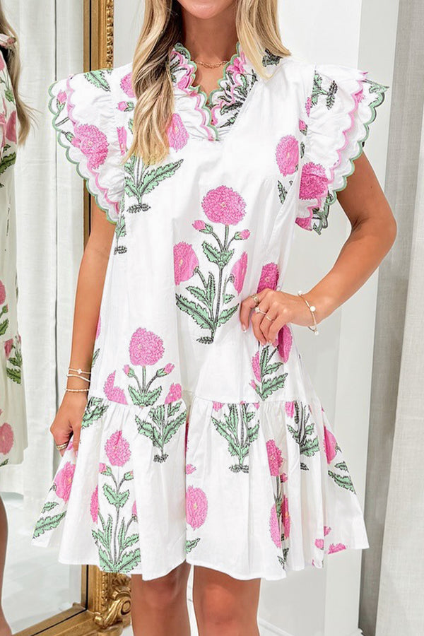Robe courte floral, brodé, col V, festonné — blanc