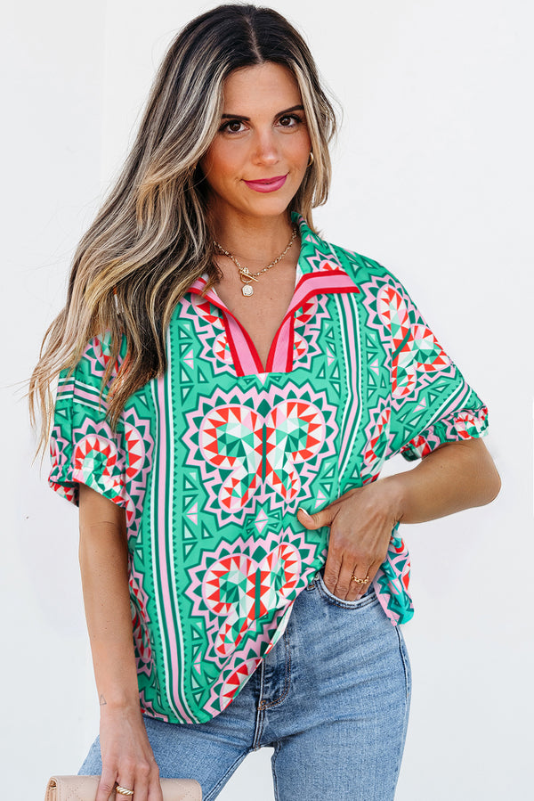 Blouse femme rayé, col V — vert d'eau