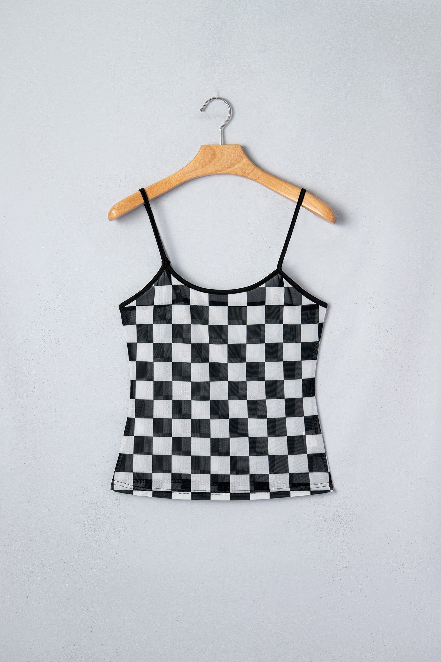 Black Sheer Checkered Print Spaghetti Straps Slim Tank Top