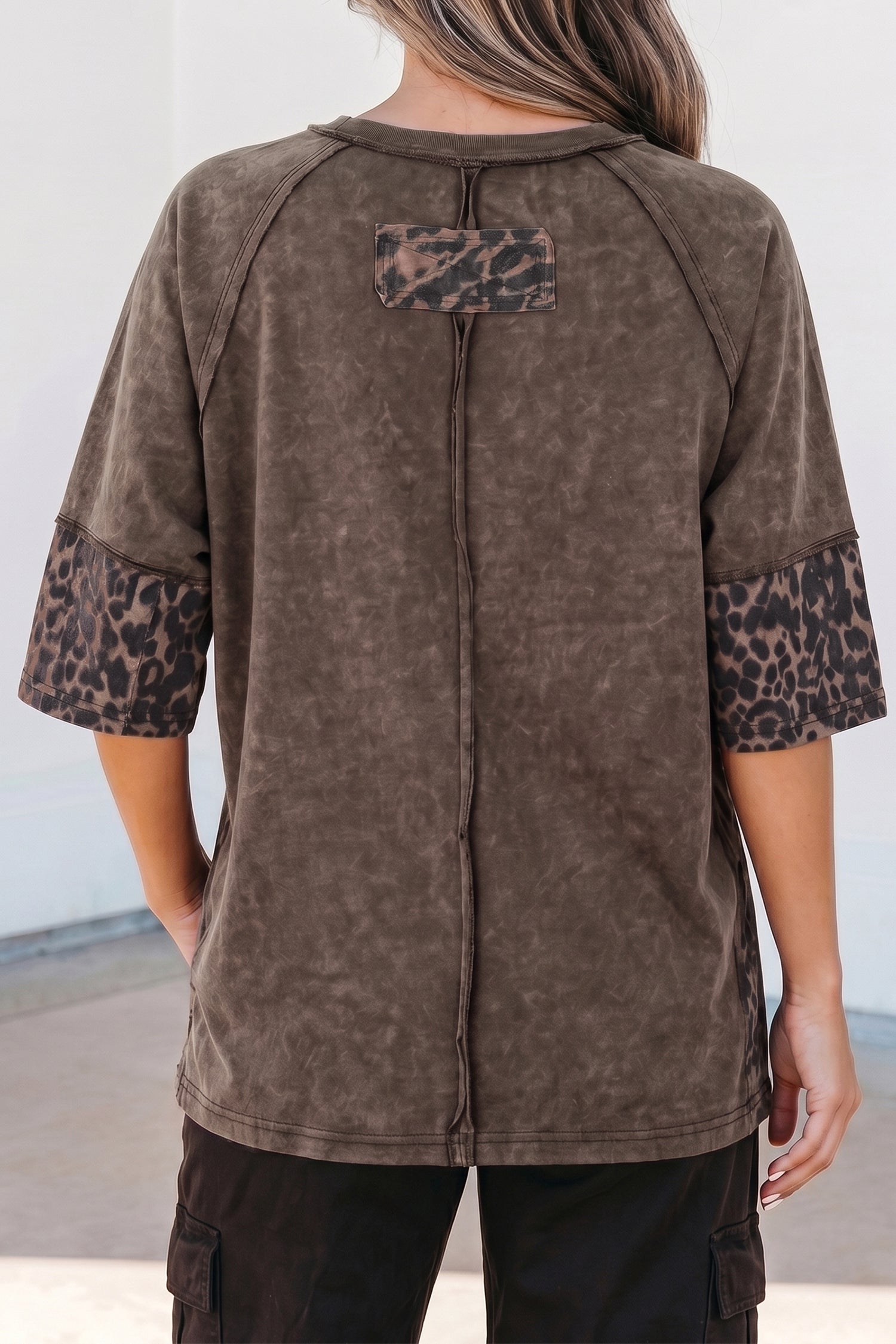Coffee Mineral Wash Exposed Seam Leopard Star Patched T Shirt
