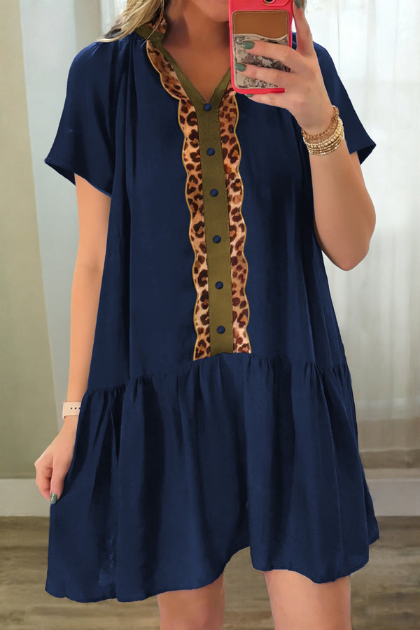 Robe femme léopard, métallisé, boutonnée, manches courtes — bleu marine