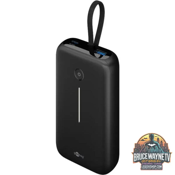 goobay Powerbank 20.000 mAh, integriertes USB-C Kabel 13cm, 30 Watt schwarz, 20 Ah, 1x USB-A, 2x USB-C, PD, QC - Stromquelle: USB-C