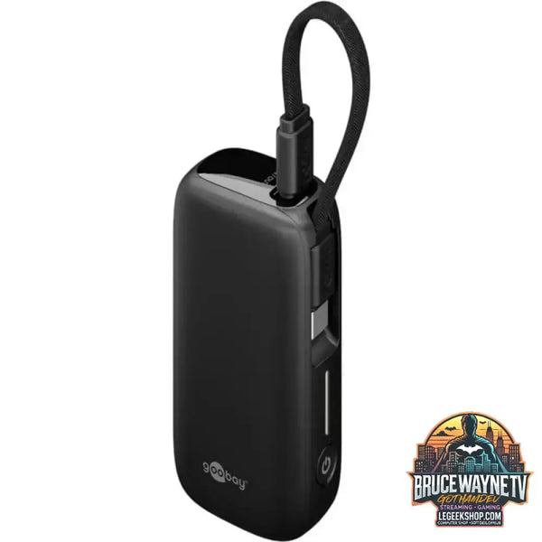 goobay Powerbank 5.000 mAh, integriertes USB-C Kabel 13cm, 20 Watt schwarz, 5 Ah, 1x USB-A, 1x USB-C, PD, QC - Stromquelle: USB-C