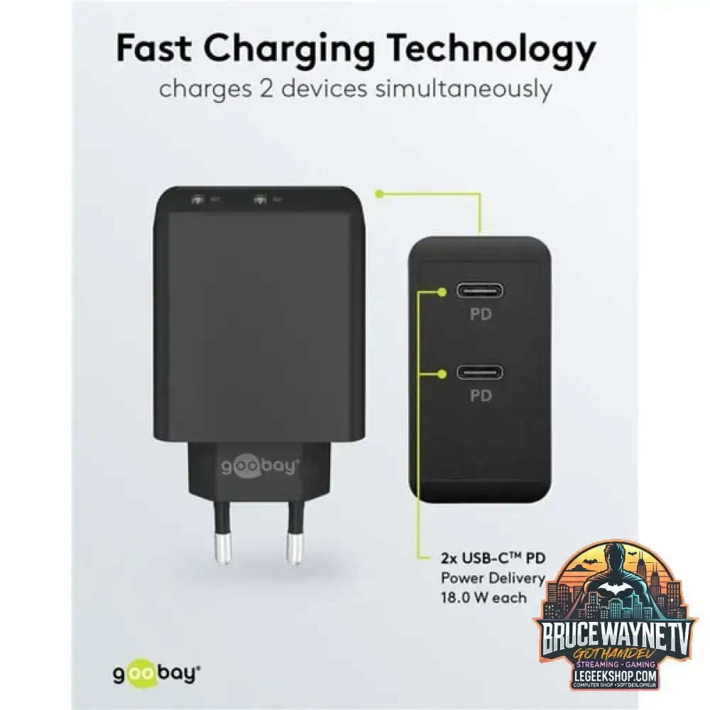 goobay USB-C Dual-Schnellladegerät 36 Watt, PD schwarz, 2x USB-C, Power Delivery - goobay - vue 5