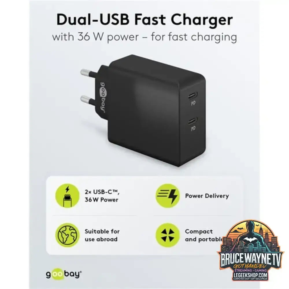 goobay USB-C Dual-Schnellladegerät 36 Watt, PD schwarz, 2x USB-C, Power Delivery - goobay - vue 3