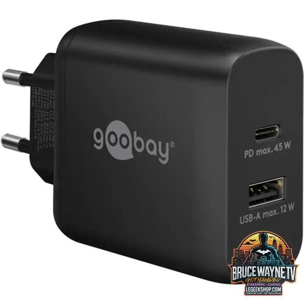 goobay USB-C PD Dual-Schnellladegerät 45 Watt schwarz, 1x USB-A, 1x USB-C PD, GaN-Technologie - goobay
