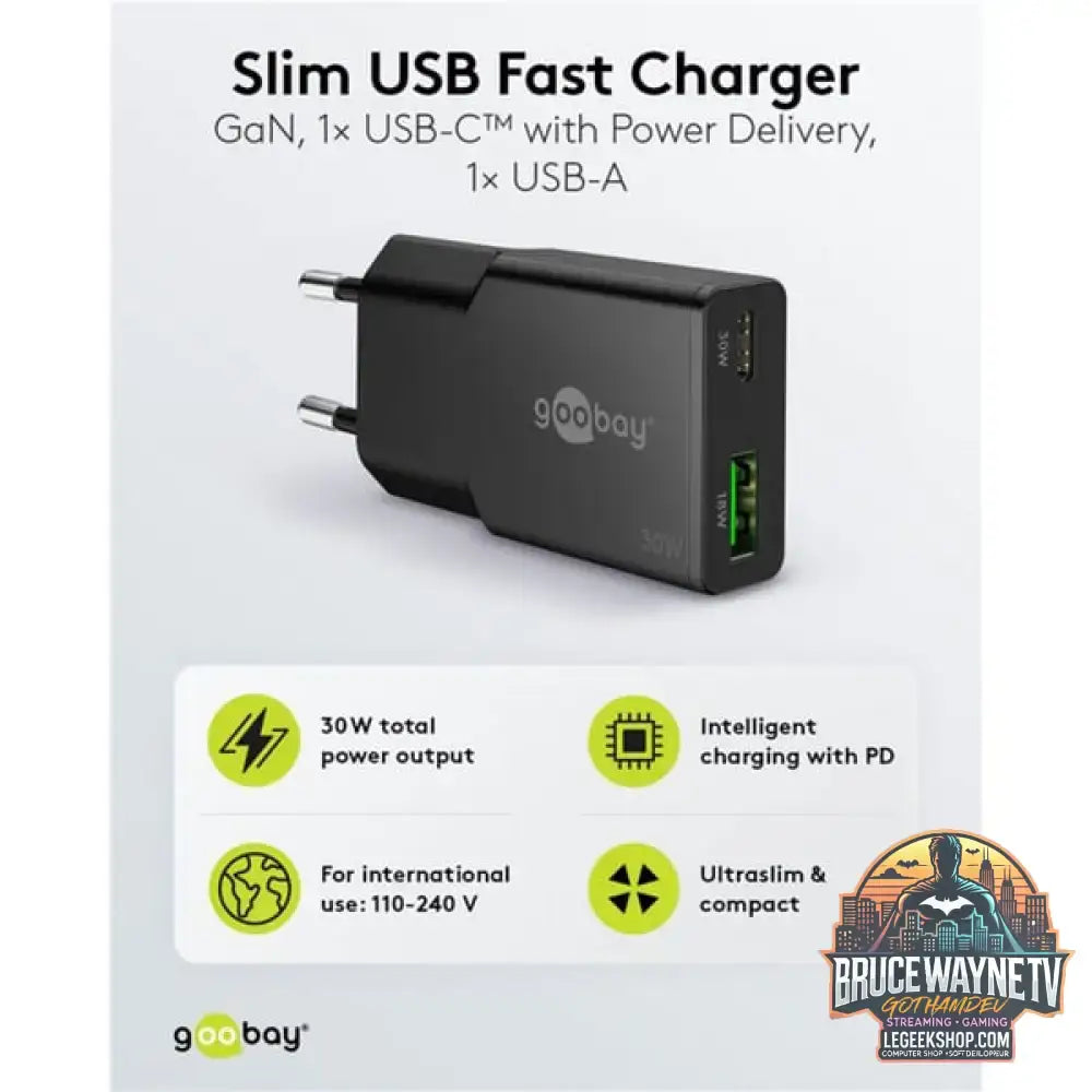 goobay USB-C PD GaN Dual-Schnelladegerät Slim 30 W schwarz - goobay - vue 6