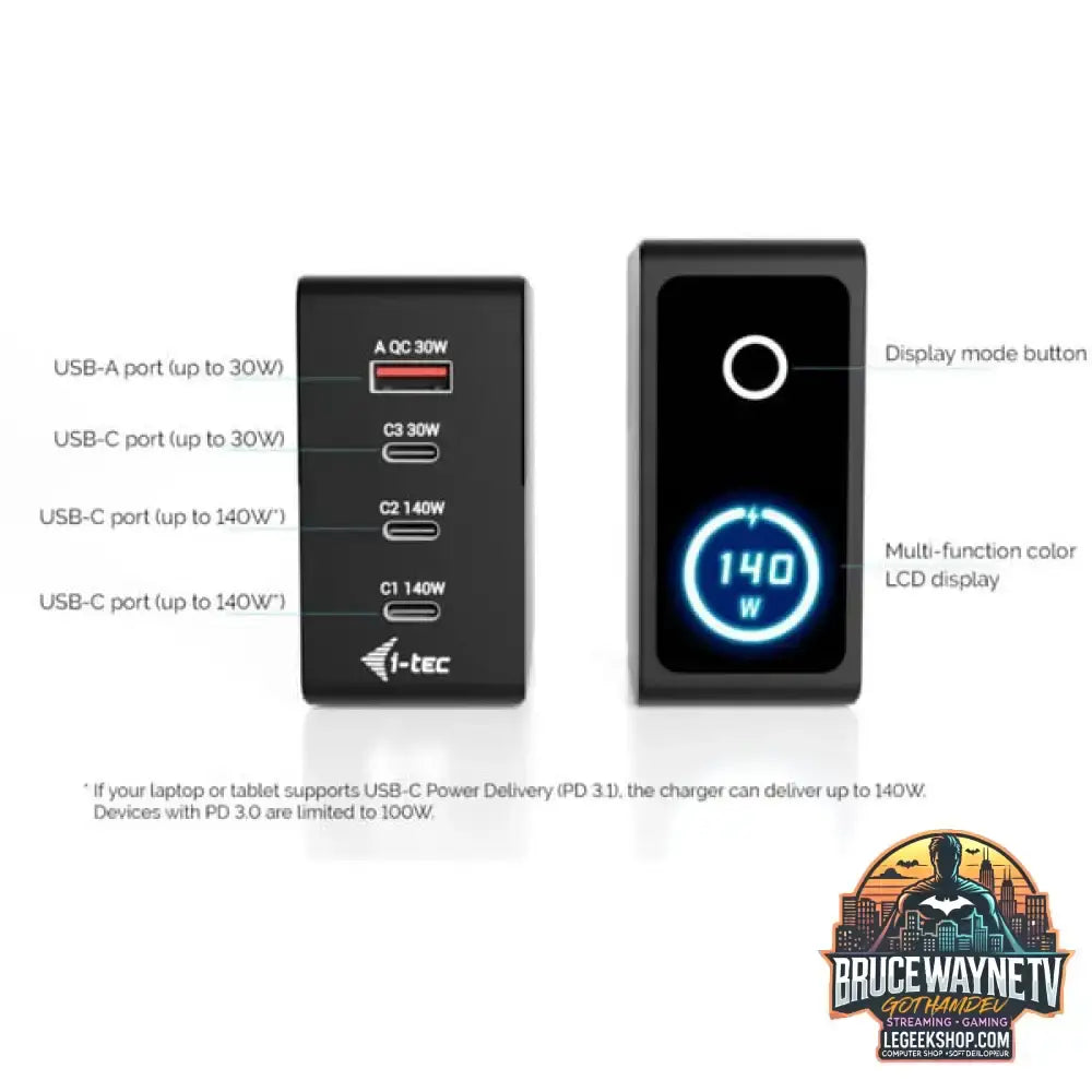 i-tec 140W Intelligent Multiport USB Charger, Ladegerät schwarz - Stromquelle: Steckdose - vue 3