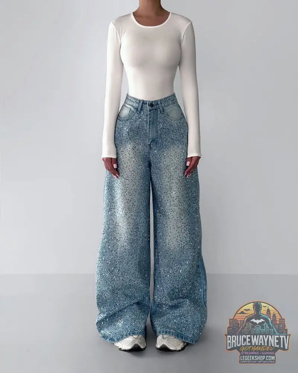 Jean Denim Strass Irréguliers Vintage Élégant - Jean Femme