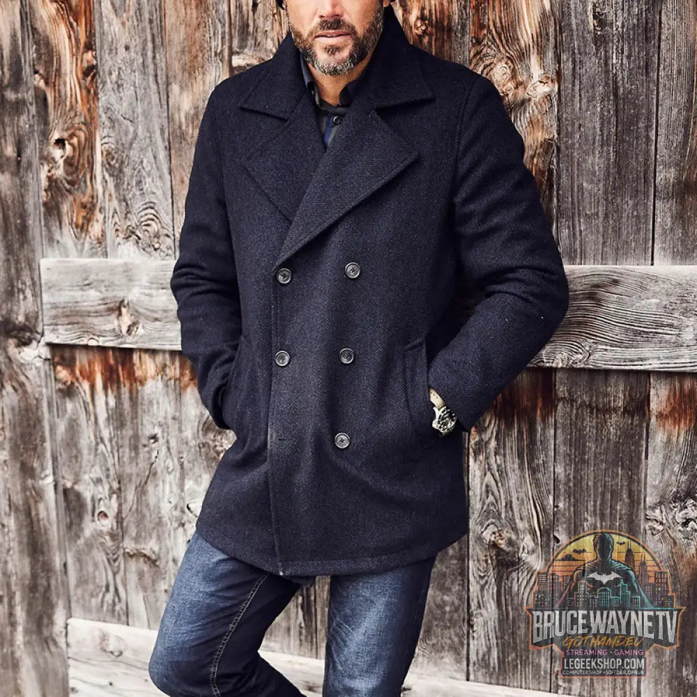 Manteau Homme Slim Fit Double Boutonnage Col Revers Polyester Noir - Manteau Homme