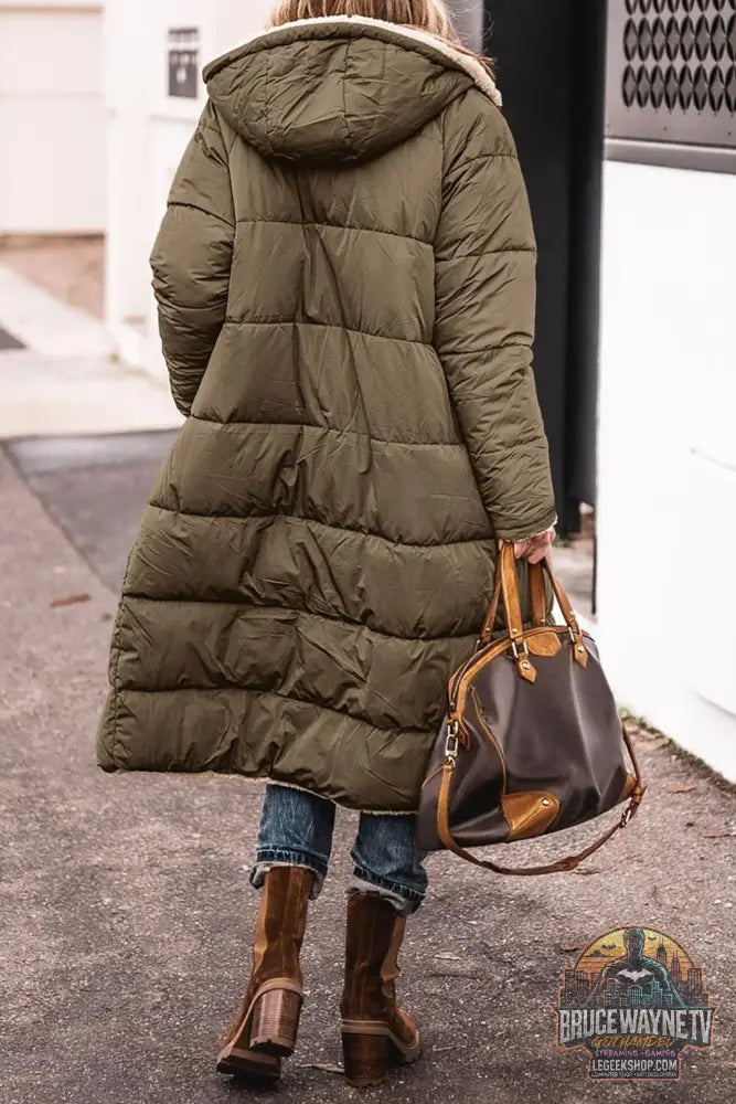 Manteau Long Capuche Hiver Réversible Élégant Femme - Army Green / L - Manteau Femme