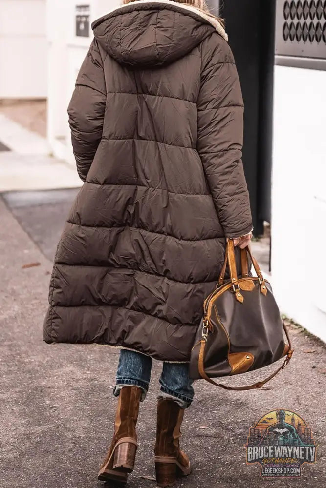 Manteau Long Capuche Hiver Réversible Élégant Femme - Brown / L - Manteau Femme