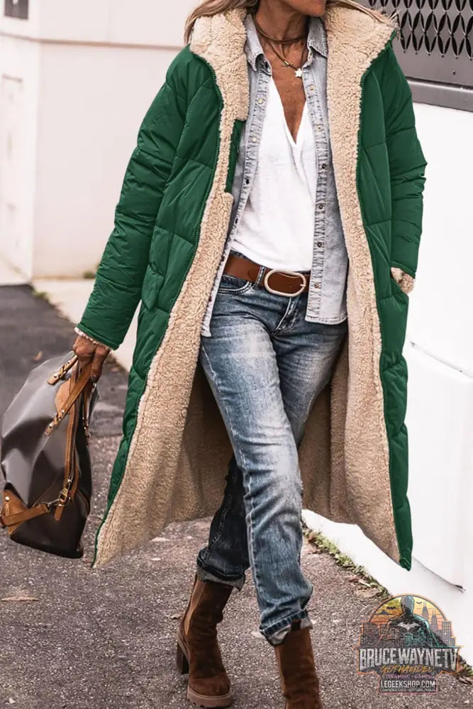Manteau Long Capuche Hiver Réversible Élégant Femme - Green / L - Manteau Femme