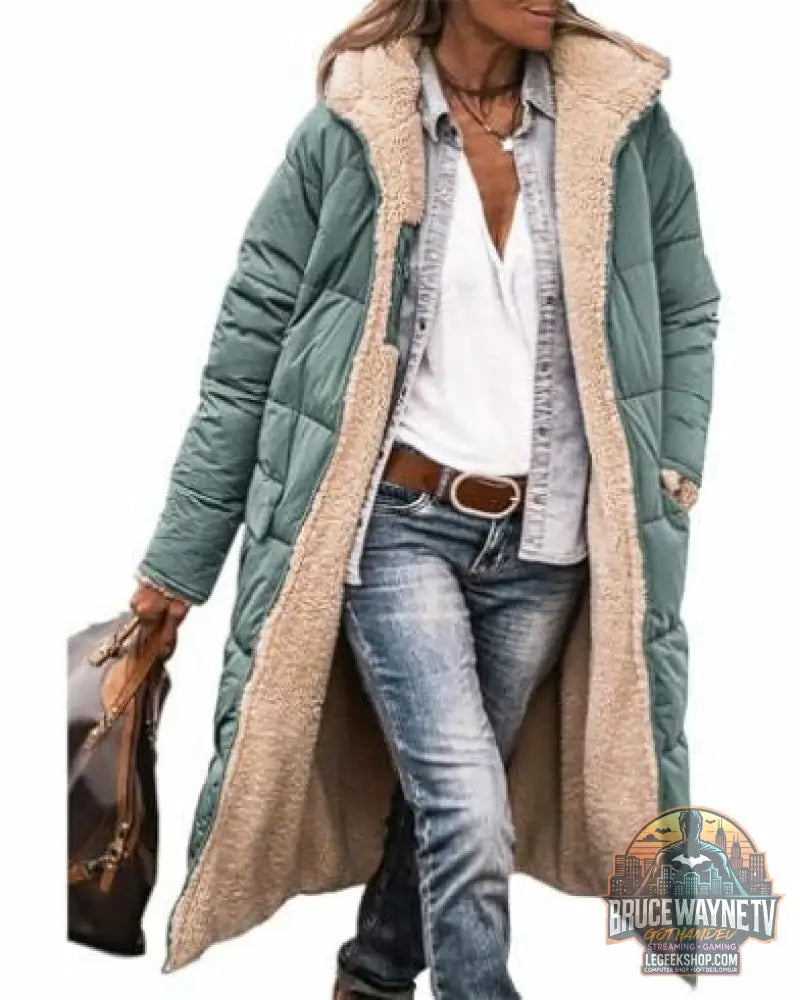 Manteau Long Capuche Hiver Réversible Élégant Femme - Light Green / L - Manteau Femme