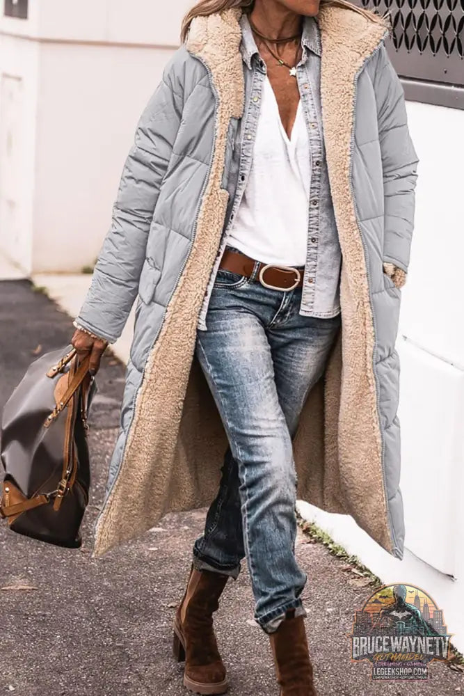 Manteau Long Capuche Hiver Réversible Élégant Femme - Silver / L - Manteau Femme