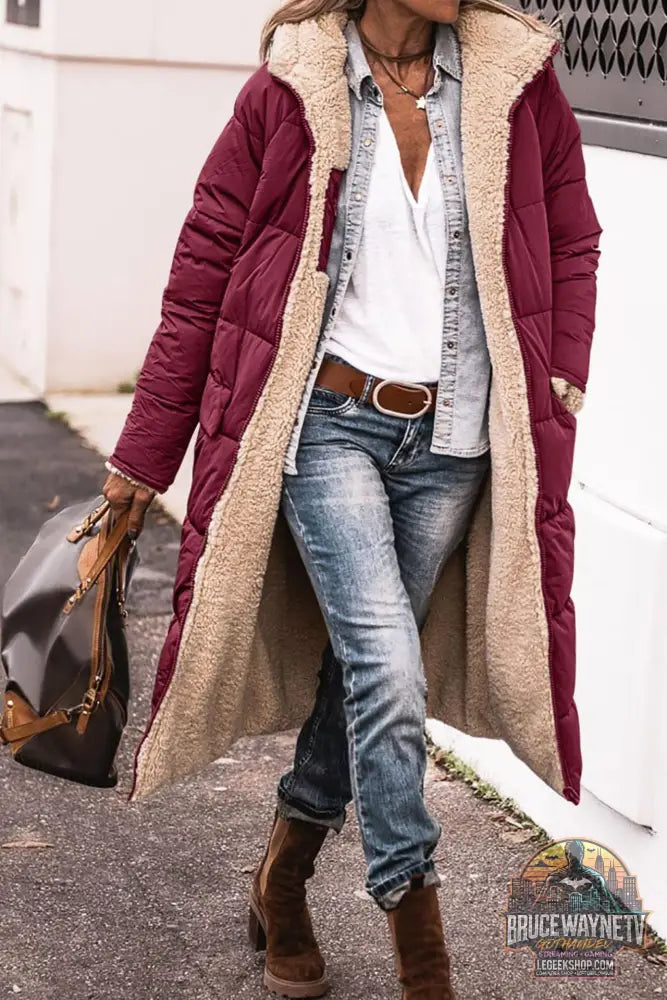 Manteau Long Capuche Hiver Réversible Élégant Femme - Wine Red / XS - Manteau Femme