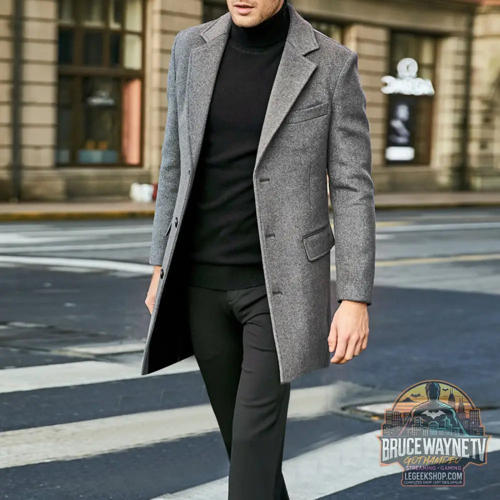 Manteau Long Homme Laine Hiver Col Costume Poches Multiples Gris Noir - Grey / M - Manteau Homme