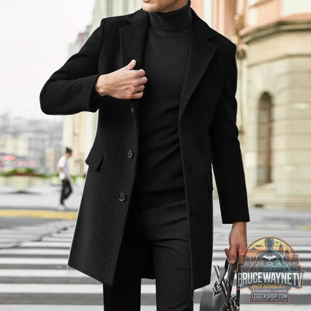 Manteau Long Homme Laine Hiver Col Costume Poches Multiples Gris Noir - Black / M - Manteau Homme