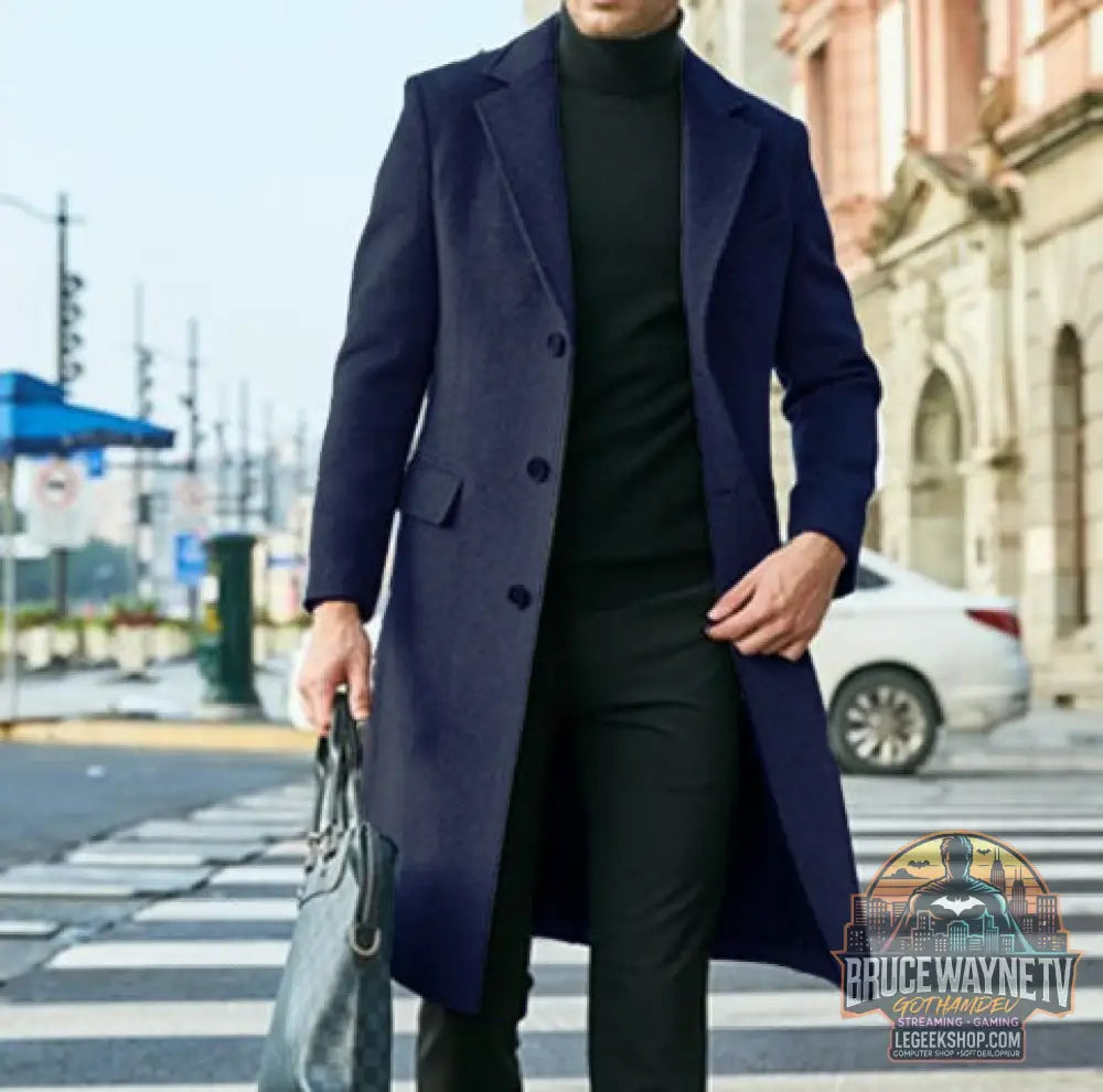Manteau Long Homme Laine Hiver Col Costume Poches Multiples Gris Noir - Navy Blue / 2XL - Manteau Homme