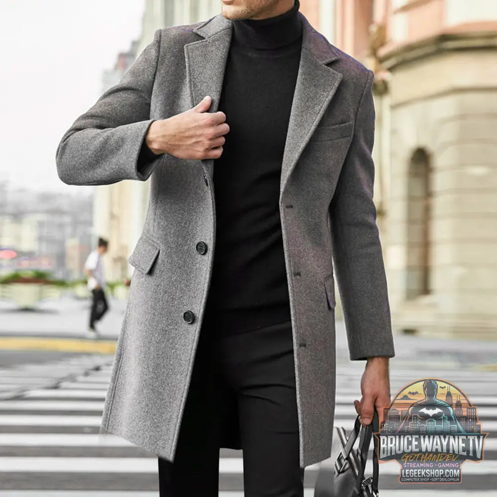 Manteau Long Homme Laine Hiver Col Costume Poches Multiples Gris Noir - Grey / S - Manteau Homme