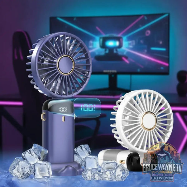 Mini ventilateur de cou portable LeGeekShop, design ergonomique avec support téléphone et écran digital. Fraîche