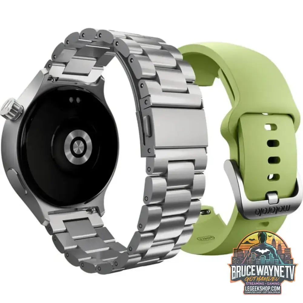 Motorola moto watch, Smartwatch silber, mit silbernem Edelstahl-Armband und grünem Silikon-Armband - Motorola - vue 4