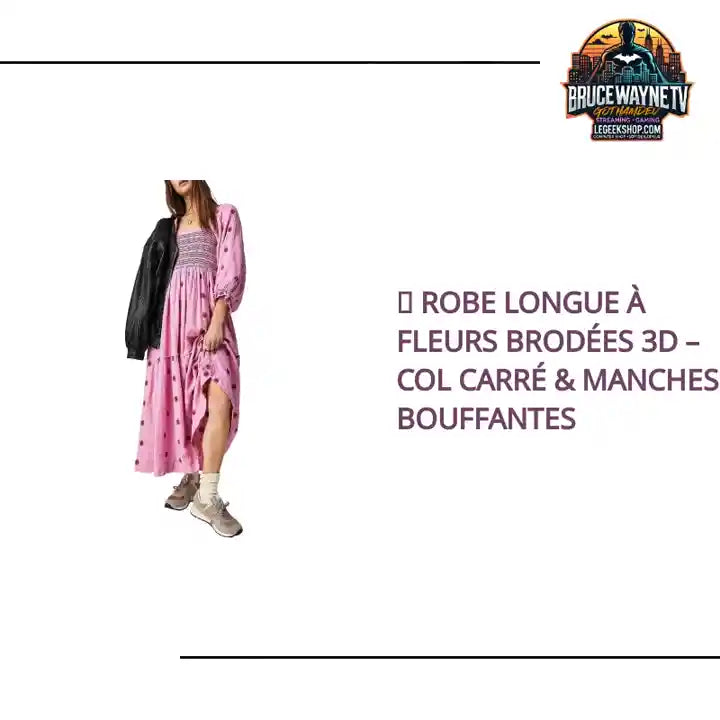 🌺 Robe longue &agrave; fleurs brod&eacute;es 3D &ndash; Col carr&eacute; &amp; manches bouffantes by@Outfy