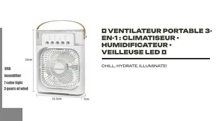 🎐 VENTILATEUR PORTABLE 3-EN-1 : Climatiseur &bull; Humidificateur &bull; Veilleuse LED 🎐 by@Outfy