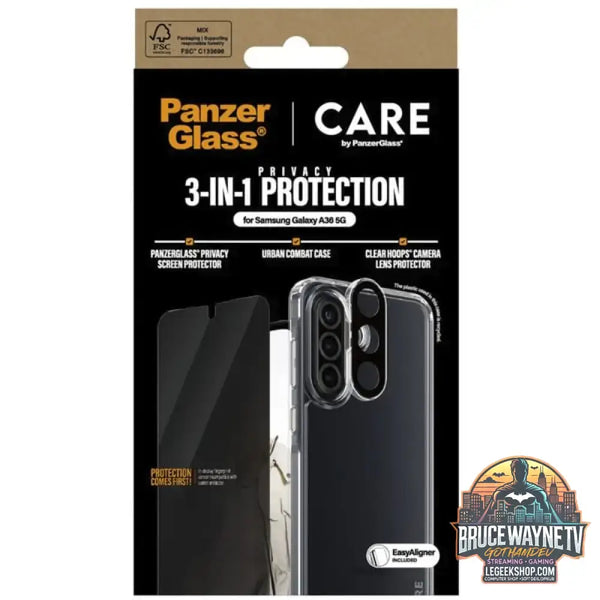 PanzerGlass Flagship 3-in-1 Privacy Set transparent/weiß, Samsung Galaxy A36 5G, QI-kompatibel, EasyAligner - PanzerGlass
