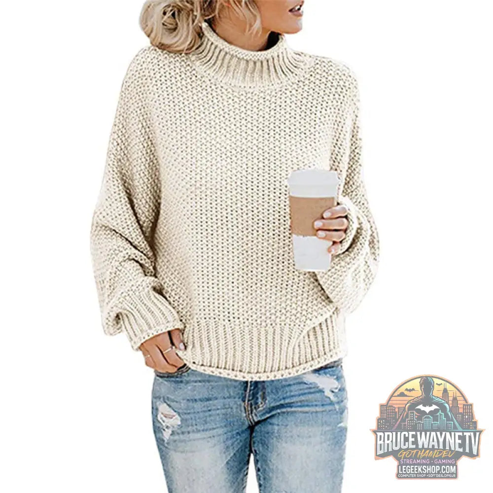 🧶 Pull Femme Col Roulé Tricoté Uni Casual 🧶 - Apricot / S - Pull Femme