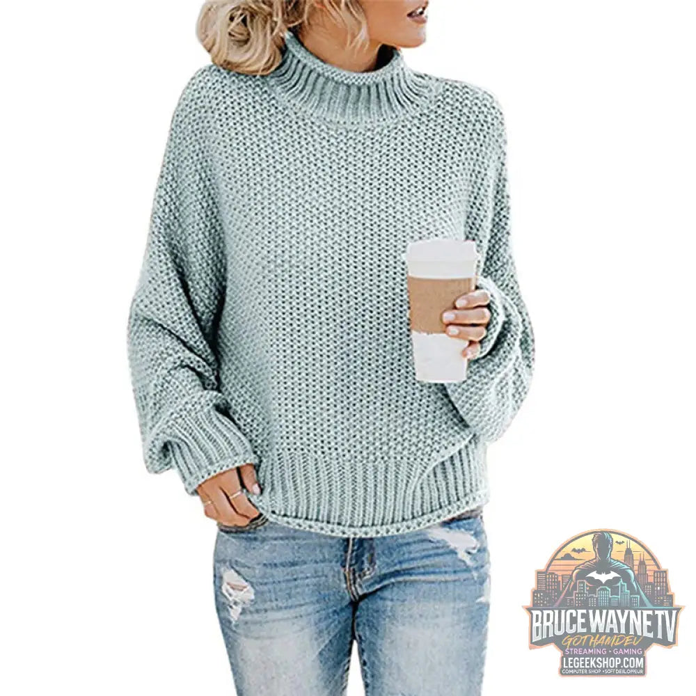🧶 Pull Femme Col Roulé Tricoté Uni Casual 🧶 - Blue / XL - Pull Femme