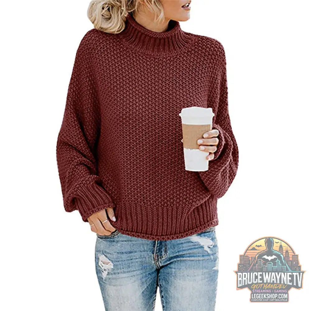 🧶 Pull Femme Col Roulé Tricoté Uni Casual 🧶 - Deep wine red / L - Pull Femme