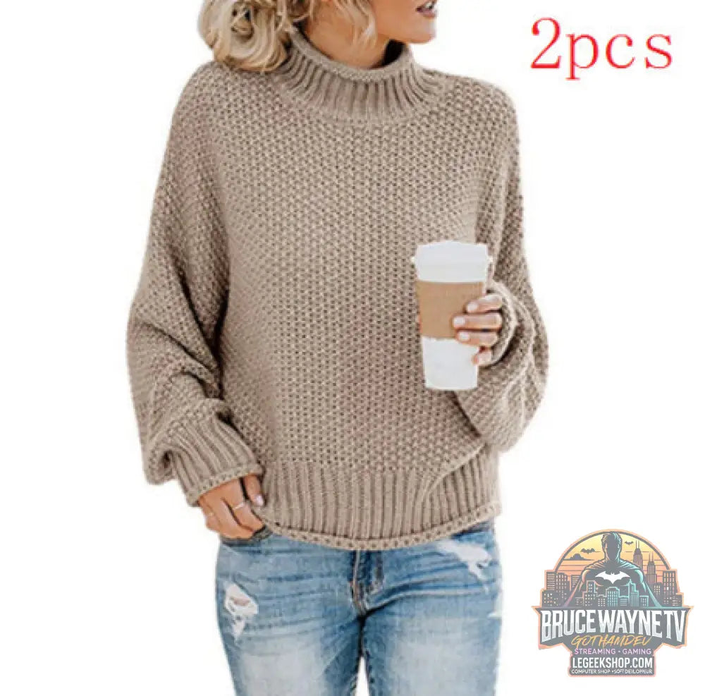🧶 Pull Femme Col Roulé Tricoté Uni Casual 🧶 - Khaki 2PCS / S - Pull Femme