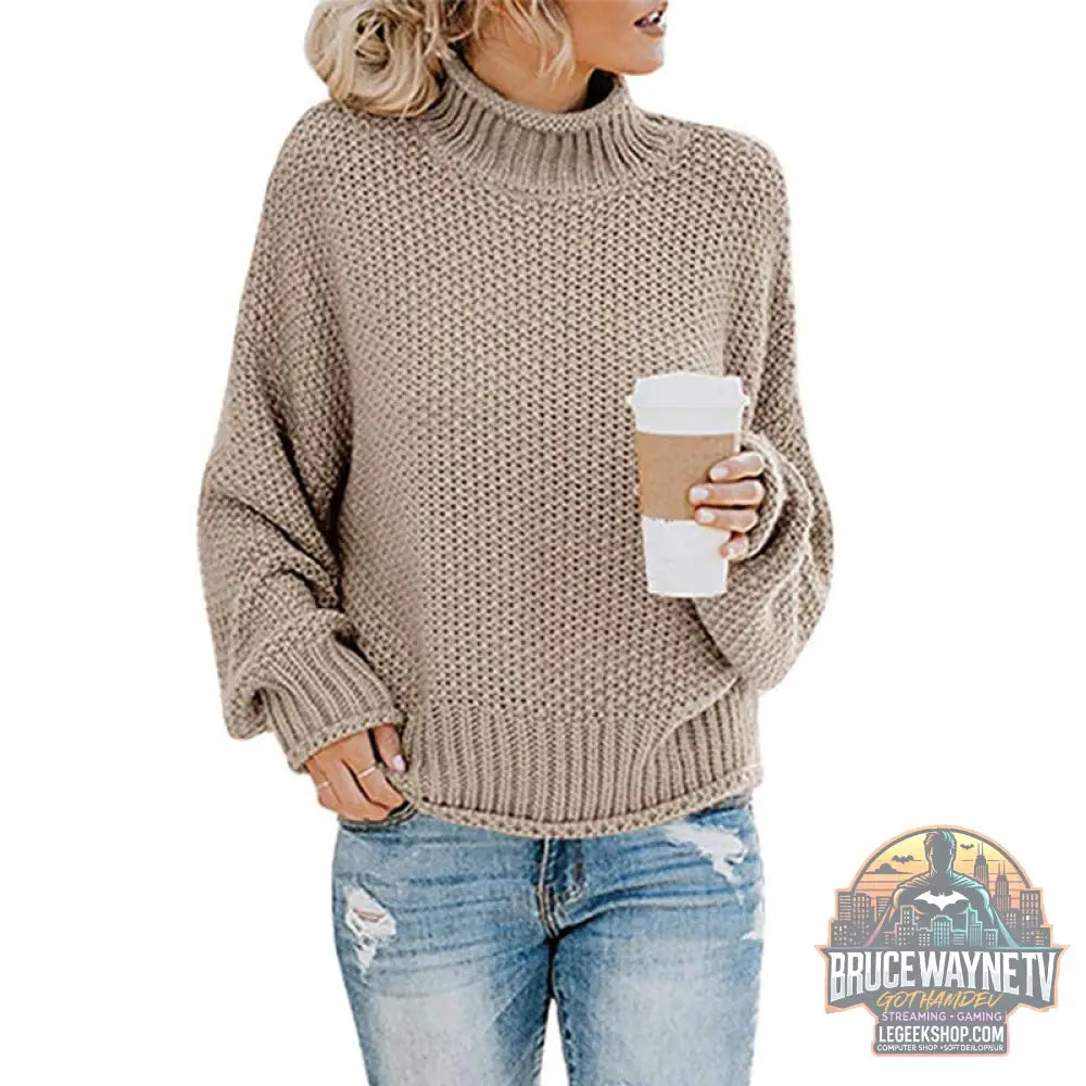 🧶 Pull Femme Col Roulé Tricoté Uni Casual 🧶 - Khaki / XL - Pull Femme