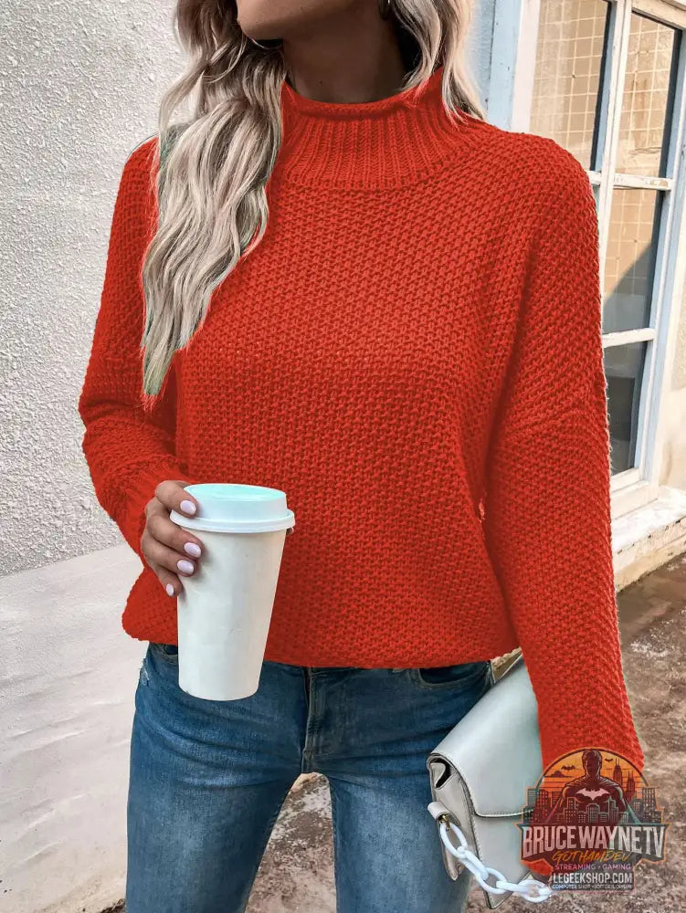 🧶 Pull Femme Col Roulé Tricoté Uni Casual 🧶 - Orange Red / S - Pull Femme