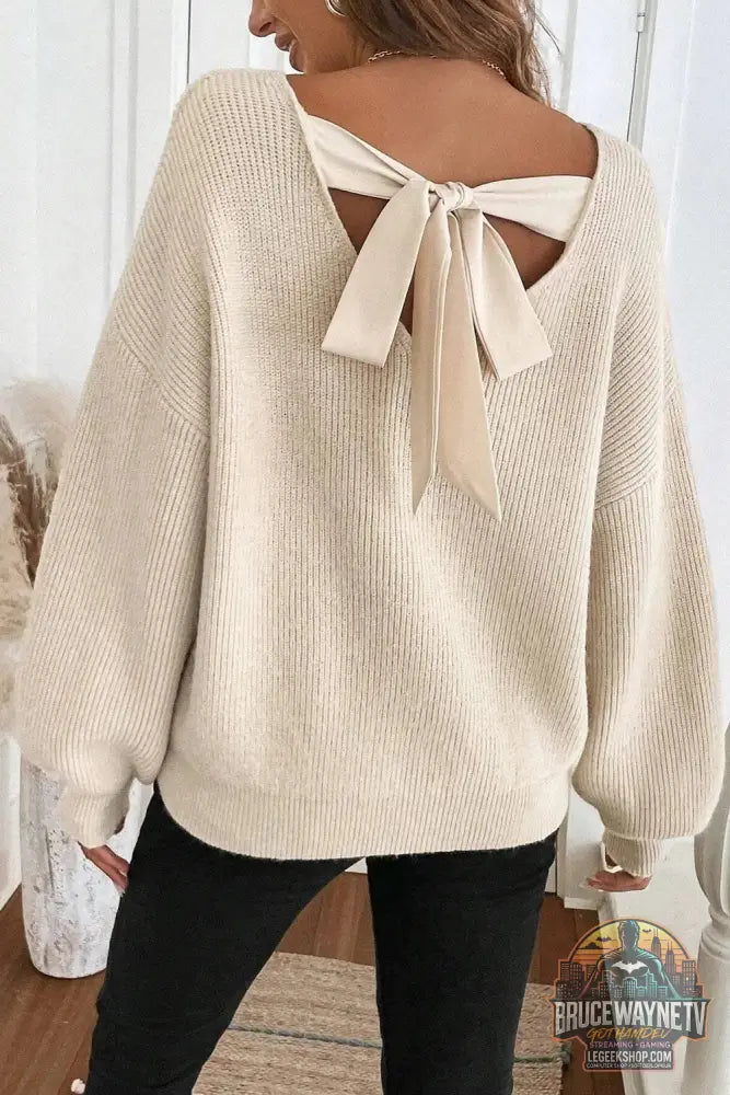 Pull Femme Tricoté Dos Nu Nœud Épaules Tombantes - Beige / S - Pull Femme